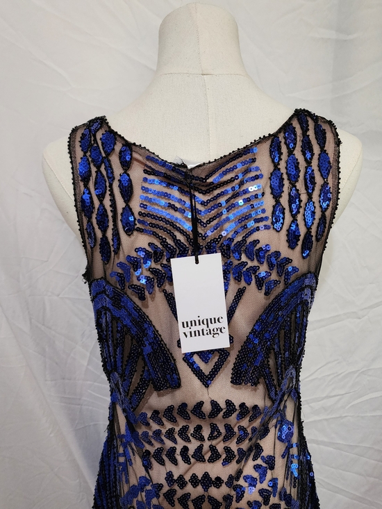 Unique Vintage Dresses & Skirts - Unique Vintage Royal Blue Sequin Sheer Backless Dress